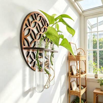 Bộ chậu trồng cây treo tường, được thiết kế để trang trí nhà cửa, bao gồm 1 giá ươm cây treo tường, 1 bình ươm cây, 1 giá treo ươm cây có đế gỗ và ống nghiệm nhựa, chậu trồng cây nhiều tầng, chậu treo tường thích hợp sử dụng trong nhà hoặc văn phòng, giá đỡ hoa.
