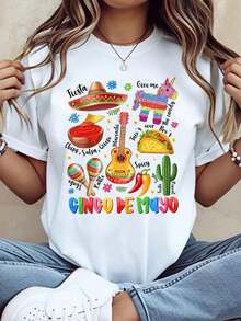 Camiseta Cinco de Mayo con Temática de Fiesta, con Sombrero, Piñata, Taco, Guitarra, Maracas, Cactus y Texto para Celebración de Fiesta, Ropa Fresca de Verano para Mujer - Blanco - Ver 6