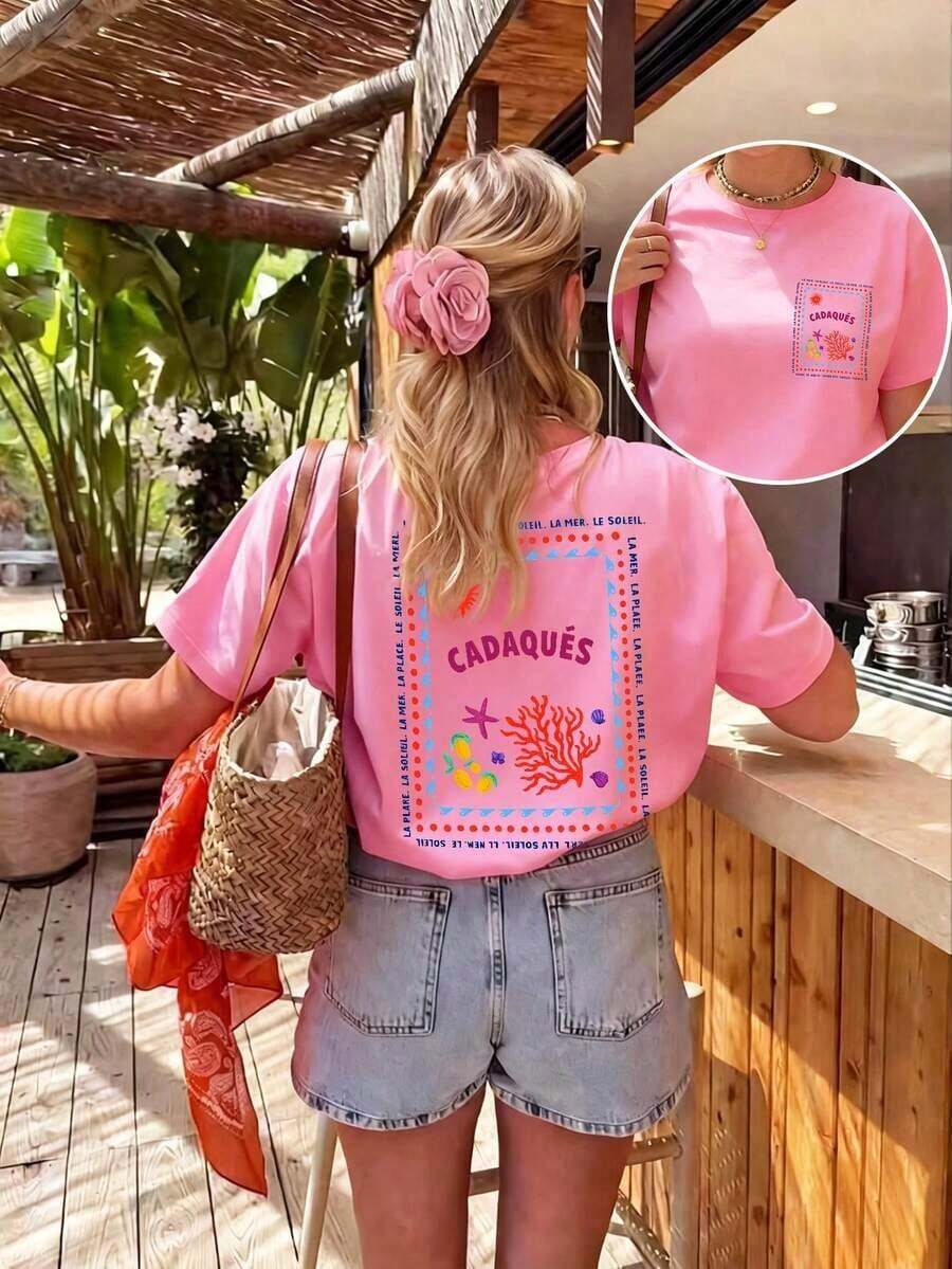 Camiseta Casual de Cuello Redondo para Mujer de Talla Grande, Tejido Cómodo y Transpirable, Ideal para Salidas de Primavera/Verano, Corte Holgado con Silueta Favorecedora, la Mejor Opción para Vacaciones y Viajes.Blanco 100% Algodón - Rosa - Ver 1