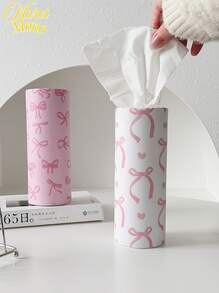 1pc Cute Pink Bow Print Facial Tissue Box Holder - Portable Round Cylinder Car & Home Napkin Dispenser. - Bow - View 1