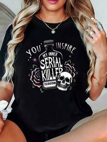 Camiseta Holgada de Tela Gruesa, Camiseta Oversize de Wo con Estampado de Calaveras y Rosas, Inspira mi Interior, Mata mi Curiosidad Química, Top Casual Negro de Manga Corta y Cuello Redondo - Negro - Ver 7