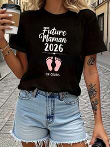 Camiseta de manga corta para mujer con estampado francés "Future Maman fashion EN COURS", cuello redondo, ideal para salidas informales, regalos de vacaciones y reuniones con amigos, estilo básico universal. - Negro - Ver 9