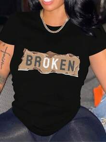 Women's Size T-Shirt With BROKEN Print - Beige With Distressed Letter Print, Breathable And Comfortable Casual Top, Loose And Versatile Fashion Garment For All Seasons, Machine Washable Fabric - Unisex Short Sleeve Crew Neck Cotton T-Shirt, Urban Vintage Style. - 黑色 - 查看 1