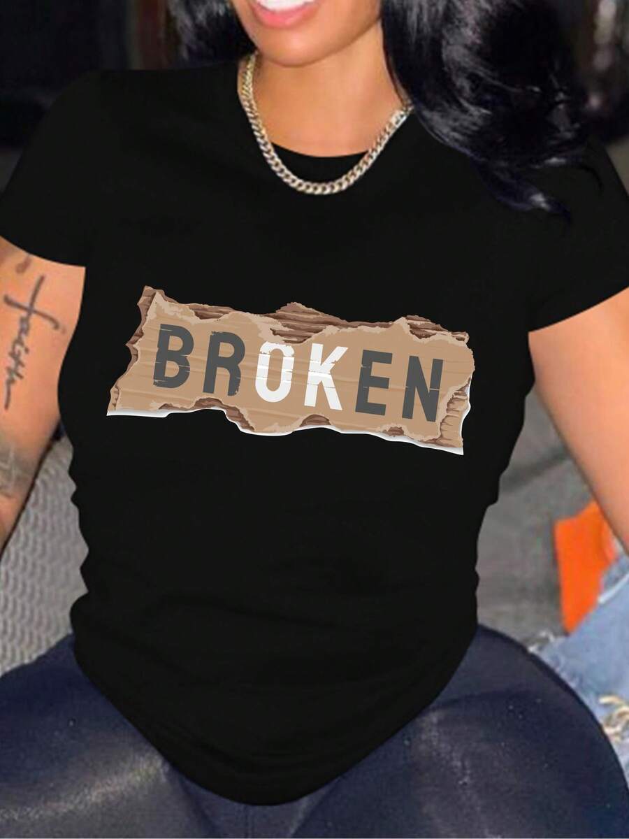 Women's Size T-Shirt With BROKEN Print - Beige With Distressed Letter Print, Breathable And Comfortable Casual Top, Loose And Versatile Fashion Garment For All Seasons, Machine Washable Fabric - Unisex Short Sleeve Crew Neck Cotton T-Shirt, Urban Vintage Style. - 黑色 - 查看 1
