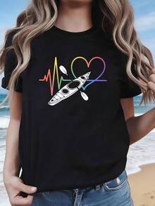 Women's Spring/Summer T-Shirt With A Kayak Heart Print. Ideal For Kayaking, Outdoor Adventures, Camping, And Everyday Casual Wear. A Stylish Short-Sleeved Outfit For Everyday Outings. - 黑色 - 查看 7