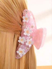 1Pc Sakura Rhinestone Hair Claw Clip Set, Pastel Floral Embellished Acrylic Jaw Clips, Elegant Hair Catch For Women & Bridal - Multicolor - View 2