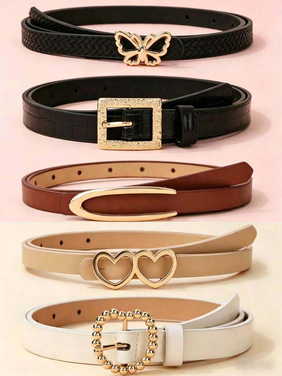 5pcs/Set Ladies' Adjustable Belts, Black & White Faux Leather With Butterfly And Heart-Shaped Alloy Buckles, Elegant High-End Design, Versatile For Casual, Work, Gift Summer, School Fall, Autumn, Halloween - 彩色 - 查看 1