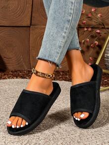 Autumn/Winter Soft Bottom Comfortable Retro Plush Open Toe Slip-On House Slippers, Suitable For Indoor And Outdoor Wear - Black - View 4