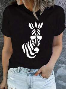 Camiseta de algodón puro para mujer con estampado geométrico de cebra - top elástico de manga corta y cuello redondo, lavable a máquina, ajuste cómodo para primavera y verano, ropa casual, camiseta holgada, adecuada para todas las estaciones. Camiseta blanca lisa. - Negro - Ver 1