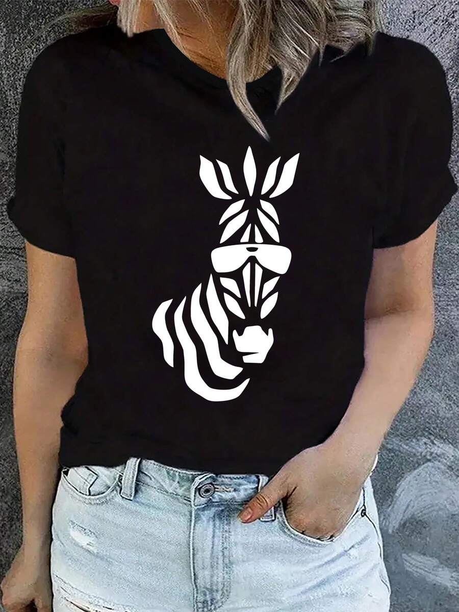 Camiseta de algodón puro para mujer con estampado geométrico de cebra - top elástico de manga corta y cuello redondo, lavable a máquina, ajuste cómodo para primavera y verano, ropa casual, camiseta holgada, adecuada para todas las estaciones. Camiseta blanca lisa. - Negro - Ver 1