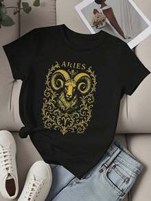 Women's Casual Loose Fit T-Shirt With Aries Zodiac Print And Gold Ornamental Design For Everyday Wear And Astrology Lovers - 黑色 - 查看 2