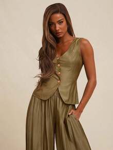 Women's Set (Top And Pants) Vest-Style Top With V-Neck And Button Closure, High-Waisted Fitted Pants With Pleats, Suitable For Office, Business, Casual, Brunch, Church, Autumn And Winter, Suitable For Office Attire - 黑色 - 查看 5