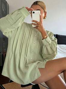 Blusa amarilla holgada con cuello redondo y plisados para mujer - Blanco - Ver 11
