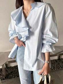 Blusa suelta con escote en V, volantes y parches elegante - Blanco - Ver 6
