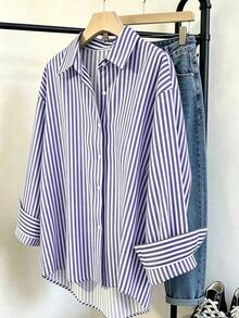 Camisa de mujer de manga larga a rayas, de un solo pecho, casual y versátil para uso diario - Azul y blanco - Ver 6