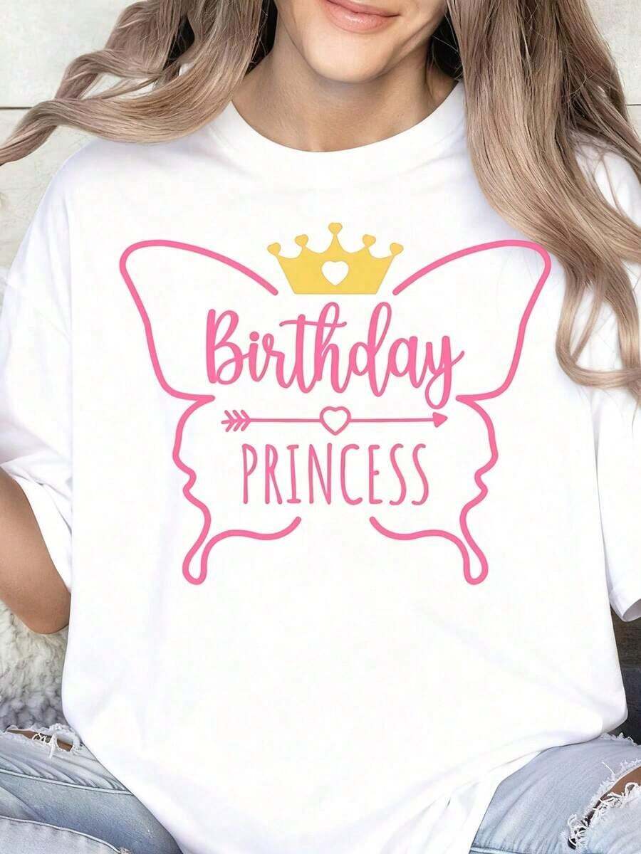 Women's T-Shirt, Princess Birthday T-Shirt For Girls, Children's Birthday Party Outfit, Pink Crown Design, Cute Princess Themed Outfit, Gift To Celebrate A Special Day For Little Princesses - 白色 - 查看 1