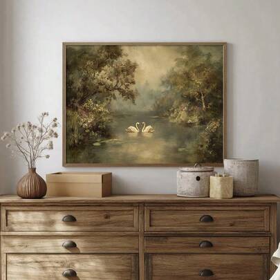 1pc Framed/Unframed Antique Swan In Lake Vintage Rustic Poster Romantic Love Wall Art Canvas Print Minimalist Farmhouse Cottagecore Decor Retro Painting For Couples,Lovers,Apartment,Living Room,Bedroom,Modern Home Decoration