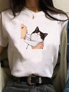 Women's Pure Cotton T-Shirt - Casual Short Sleeve T-Shirt With Cute Cartoon Cat And Kiss Print, Round Neck, Suitable For Spring And Autumn, Hand Wash Only, Cat Themed T-Shirt, Loose Fit, Original Print, Soft Fabric, Printed T-Shirt, For Fashion Lovers. Plain White T-Shirt. - 白色 - 查看 1