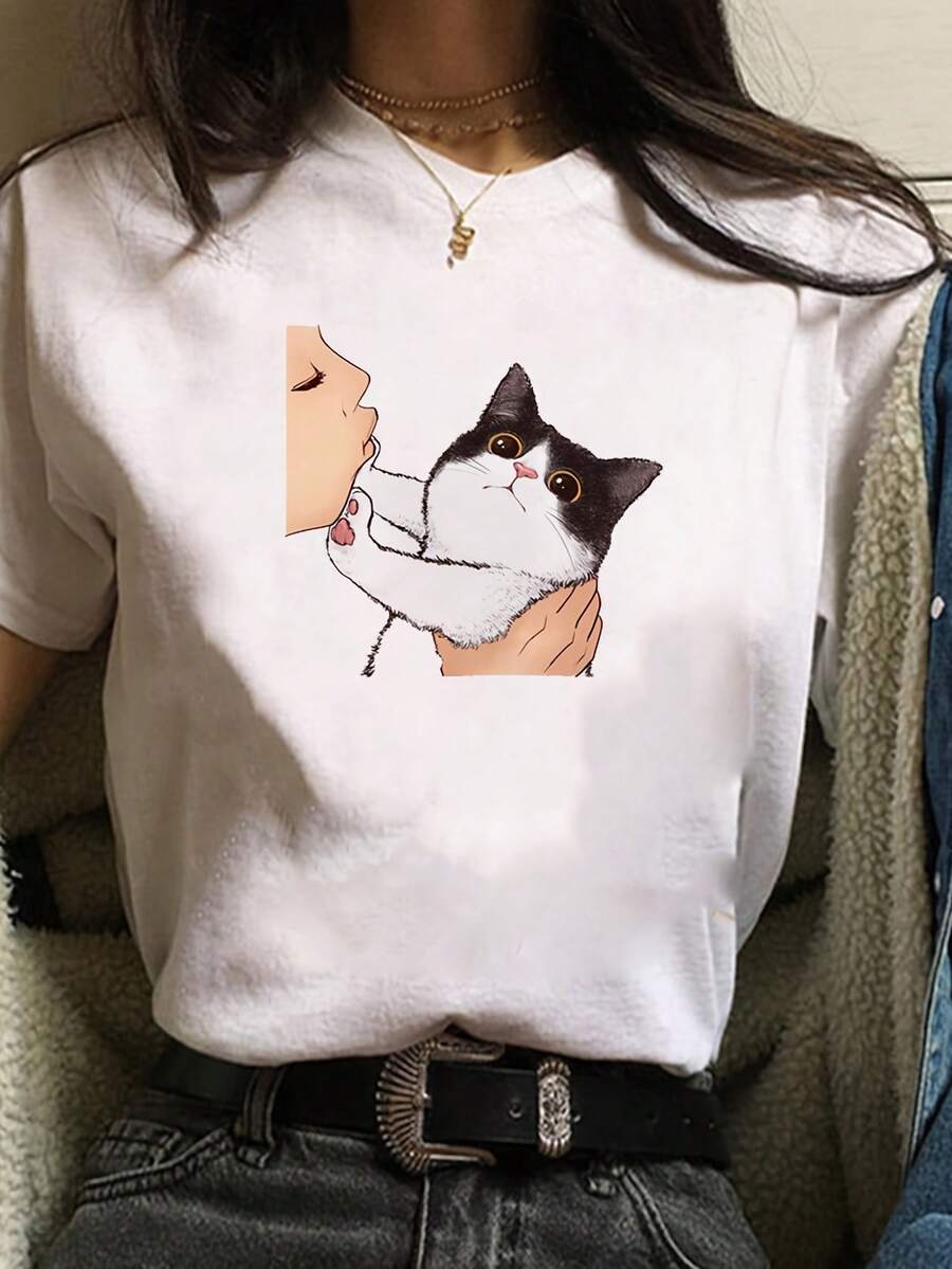 Women's Pure Cotton T-Shirt - Casual Short Sleeve T-Shirt With Cute Cartoon Cat And Kiss Print, Round Neck, Suitable For Spring And Autumn, Hand Wash Only, Cat Themed T-Shirt, Loose Fit, Original Print, Soft Fabric, Printed T-Shirt, For Fashion Lovers. Plain White T-Shirt. - 白色 - 查看 1