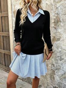 New Women's Patchwork Cute Casual Daily Wear College Style Button Design Elegant Outfit, Suitable For Back To School Season, Autumn/Winter Black - Black - View 3