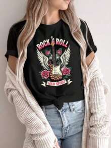 Men's Short-Sleeved T-Shirt, 100% High-Quality Cotton, Printed With A 'Y2K Retro Rock Roll Guitar/Rose/Large Wings/Floral' Design. Machine Washable, Breathable, And Comfortable To Wear. Suitable For Streetwear, Music Festivals, Bars, Daily Commutes, Parties, And Can Also Be Worn Casually In Spring, Summer, And Autumn. ...Best Seller - 黑色 - 查看 7