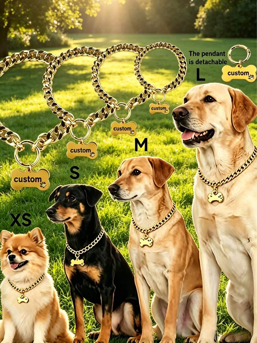 Collar de cadena personalizado y grabado para perros, cadena súper gruesa con placa de identificación con hueso desmontable, collar de mascota con nombre personalizado adecuado para perros pequeños, medianos y grandes - Multicolor - Ver 1