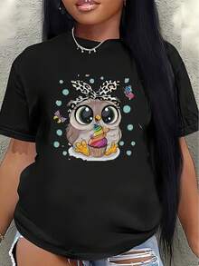 Lightweight And Durable Short-Sleeved T-Shirt With Cute Owl And Cupcake Designs, Perfect For Relaxing At Home Or Hanging Out At A Coffee Shop, And Designed For Everyday Comfort With Fun Cartoon Prints. Women's Casual Blouse - 黑色 - 查看 7
