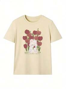 White Rabbit And Wine Tulip T-Shirt, Fashionable Short-Sleeve T-Shirt For Spring/Summer 2026, Made In Mexico, 180 Grams. Cartoon Print, Couple Design, Suitable For Indoor Or Outdoor Wear. Crew Neck, Unisex, Ideal For Office And Leisure. One-Piece Pack. - APR-P631577SLNDXZGY637 - 查看 2
