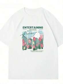 Printed T-Shirts For Women, Oversized Urban Style Tops, Comfortable And Stylish Summer T-Shirts That Go With Everything. Floral And Comic Print T-Shirts For Women, Beige Urban Summer T-Shirts, Casual Short-Sleeve Graphic Tees For Women. - 白色 - 查看 6