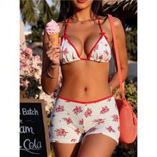 Traje de baño de dos piezas estampado, bikini femenino con cuello halter y lazos, ropa de playa para la . - impresión - Ver 2