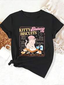 Camiseta Deportiva Casual para Mujer con Gráfico de Gato Vintage y Tema de Repostería - Camiseta Negra Elástica de Cuello Redondo, Lavable aáquina, Ajuste Cómodo para Todas las Estaciones, Perfecta para Amantes de los Gatos y la Cocina. - Negro - Ver 1