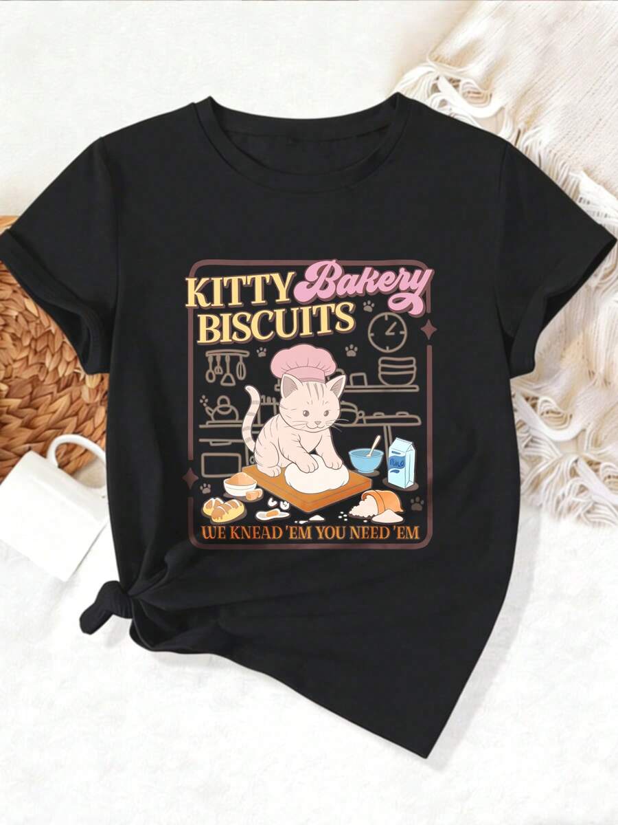 Camiseta Deportiva Casual para Mujer con Gráfico de Gato Vintage y Tema de Repostería - Camiseta Negra Elástica de Cuello Redondo, Lavable aáquina, Ajuste Cómodo para Todas las Estaciones, Perfecta para Amantes de los Gatos y la Cocina. - Negro - Ver 1
