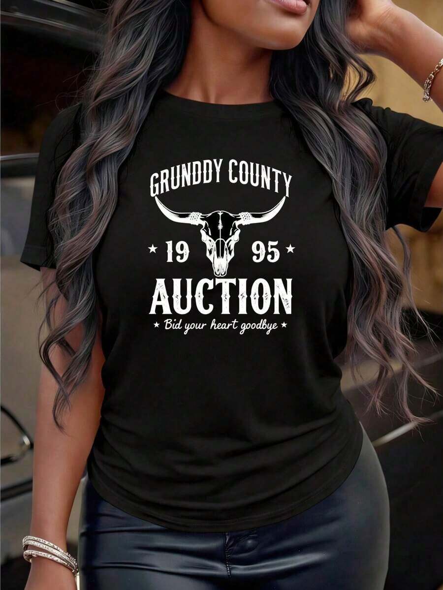Under The RadarRound Neck Personalized And Interesting Print Grundy County 1995 Auction Bid Your Heart Goodbye Cow Skull T-Shirt Women's Black Graphic Tee Suitable For Gifts-Vintage Street Style Unisex Loose Cotton Short Sleeve Crew Neck T-Shirt - 黑色 - 查看 1