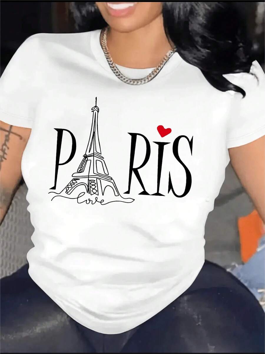 Soft Casual Short Sleeve T-Shirt For Women, Decorated With Paris Theme And Tower Pattern, Elegant Round Neck Sports T-Shirt, Casual Blouse For Women, Blouses For Women, Cotton T-Shirts For Women - 白色 - 查看 1