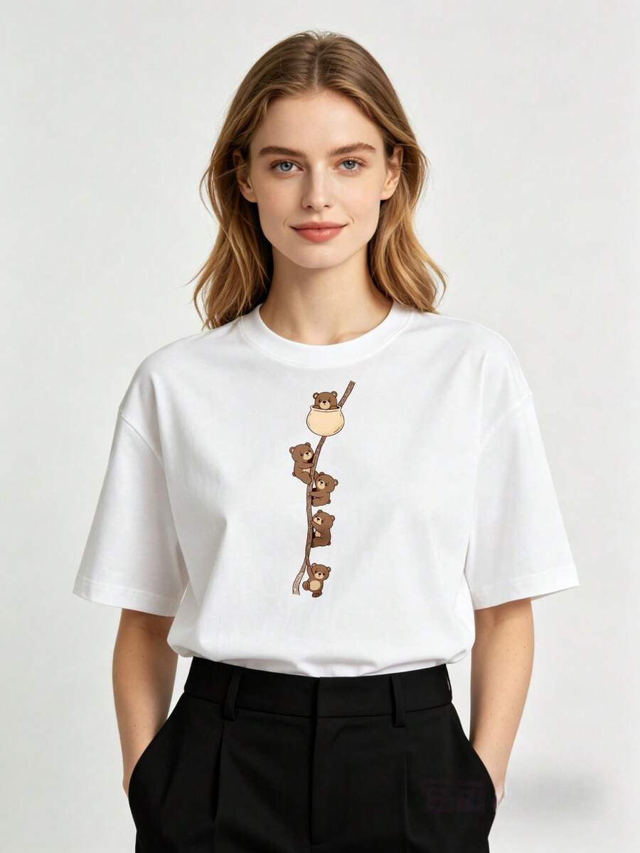 Women's Short-Sleeved One-Piece T-Shirt With An Adorable Animal Print And Monkey Design. Designed For Family And Couple Outfits. Ideal For Spring And Summer. Perfect Gift For Mom, Mother's Day Gift. Suitable For Families. . - 白色 - 查看 1
