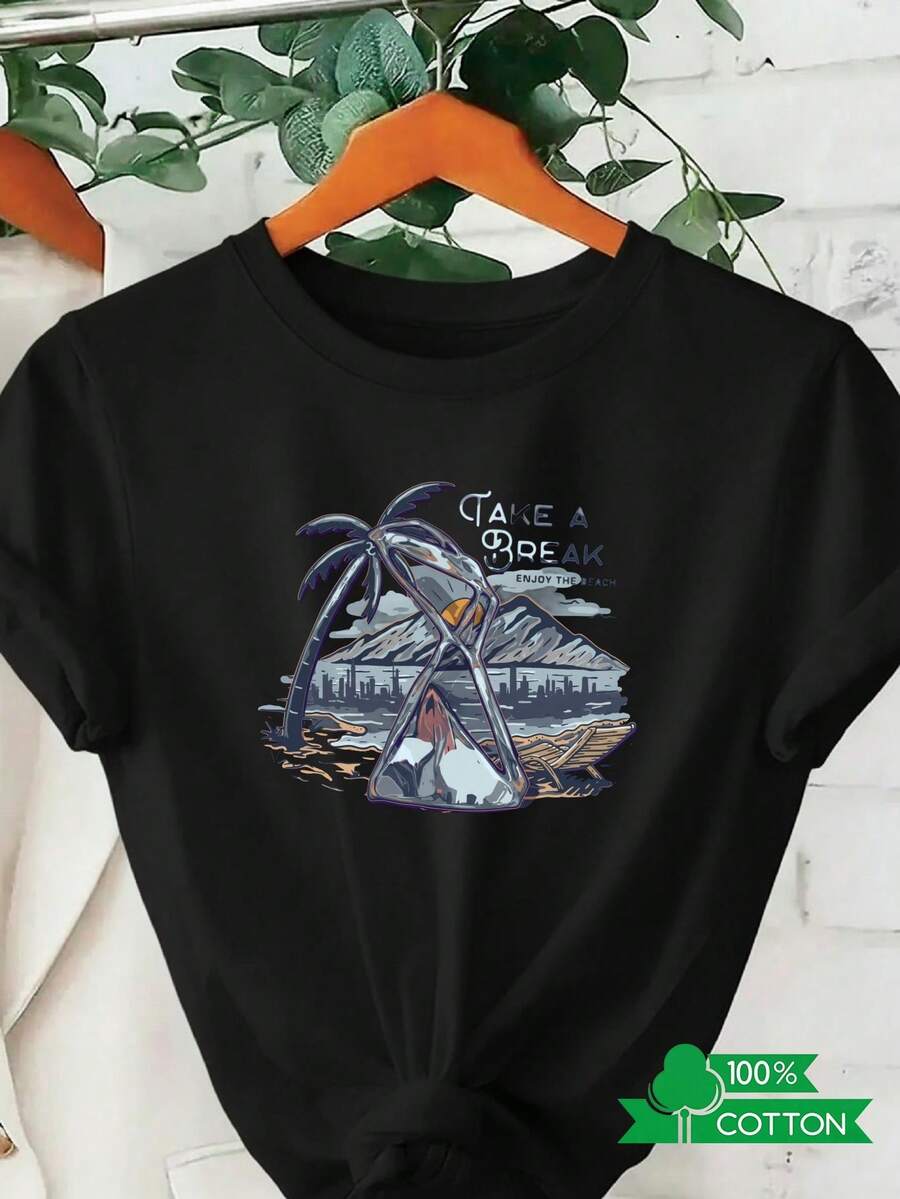 Camiseta Casual de Verano para Mujercasualdeveranoparamujerconestampadodeletrasyanimealamodadiseñodecuelloredondo,sencillaycómoda,transpirable,adecuadaparaelusodiarioinformal,quemuestraunestilonaturalyelegante,esencialparafiestasdeverano,envíolocalpalmeraconformaderelojdearena. - Negro - Ver 1