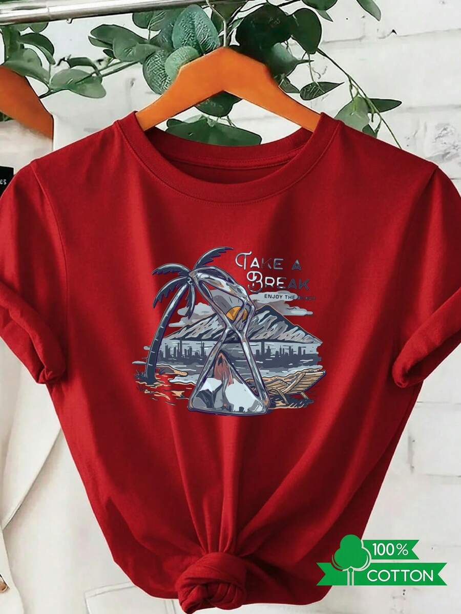 New 2026 Collection: Cotton T-Shirt With Letter And Anime Print, Women's Round Neck T-Shirt With Simple Design, Comfortable And Breathable, Suitable For Casual Daily Wear, Showing A Natural And Elegant Style, A Must-Have For Summer Parties, Local Shipping, Lightweight Cotton With Palm Tree And Clock Print. - 紅色 - 查看 1