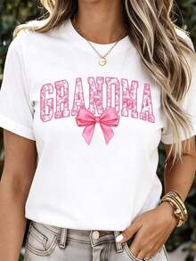 1 pieza Camiseta Grandma Negra con Texto Brillante Rosa y Estampado de Lazo, Ropa Casual para Mujer, 180g Algodón 100% - Blanco - Ver 12