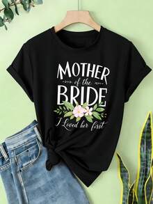 Camiseta Estampada para Mujer - Camiseta Casual de Manga Corta y Cuello Redondo en Negro con Texto Cursivo Madre de la Novia, Corte Relajado para Todas las Estaciones, Perfecta para Uso Diario y Celebraciones (Lavable aáquina). - Negro - Ver 6