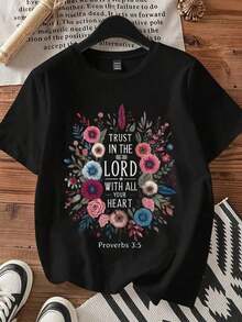 Camiseta de Mujer con Estampado Floral y Versículo Bíblico: Confía en el Señor con Todo Tu Corazón (Proverbios 35). Inspirada en la Fe Cristiana, Ropa Casual para el Día a Día y la Iglesia.blusa casual mujer - Negro - Ver 4