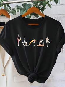Short-Sleeved T-Shirt With Yoga Pose And Letter Print, Round Neck, Cool Style For Women, Elegant, Casual, Loose, For Parties And Holidays, Spring Summer 2026, Easy To Match, Versatile, For Going To Work, Sizes S-XXL, Winter Clothing For Women. - 黑色 - 查看 7