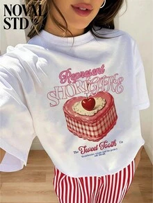 1 Piece Of Women's White Short-Sleeved T-Shirt With A Round Neck, Casual, Loose And Multifunctional Style, With A 'Short Cake Sweetheart Company Cake Print Red Cherry Heart Stripe' Print, Ideal For Everyday Wear. 180g 100% Cotton. - 白色 - 查看 8