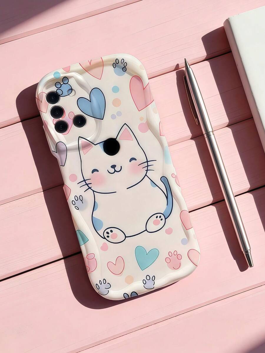 1pc Cream Dopamine Wave Ruffle Soft TPU Texture Creative Colorful Heart Cute Cat Phone Case Compatible With Galaxy S21 S22 S23 S24 S25 S26//Honor// Etc. - White - View 1