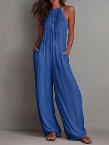 White Wide-Leg Jumpsuit With Pleats And Open Back, Perfect For A Holiday Look. - 藍色 - 查看 5