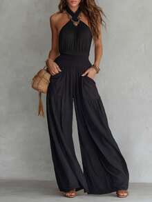Bohemian-Style Sleeveless Wide-Leg Jumpsuit With Open Back, Ruching, And Pockets - Black - View 3