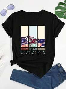 Camiseta Deportiva Casual para Mujer con Gráfico Colorido de Edificio Japonés - Camiseta Negra Elástica de Cuello Redondo, Lavable aáquina, Ajuste Cómodo y Apta para Todas las Estaciones, para Amantes de la Cultura Japonesa. - Negro - Ver 1