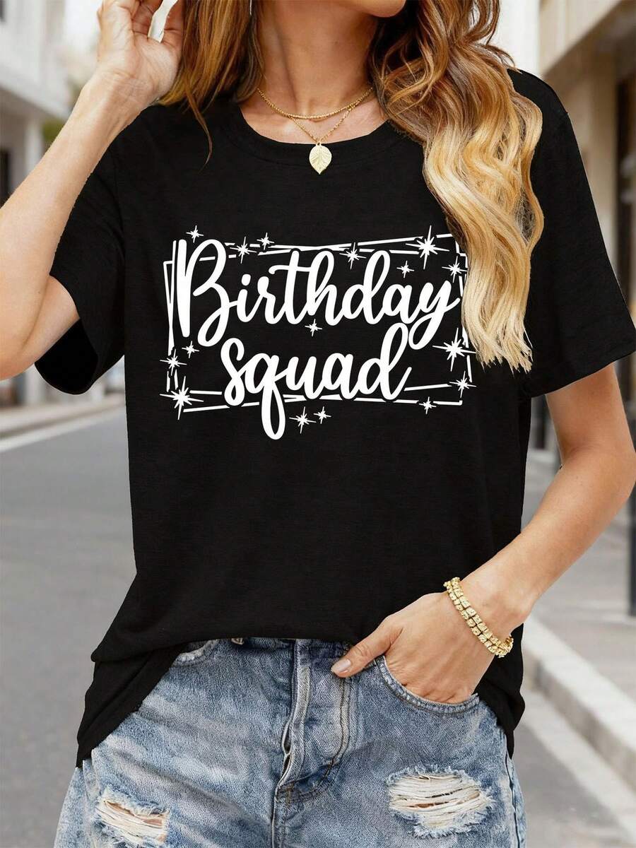 Camiseta Deportiva Casual para  con Diseño Birthday - Camiseta Elástica de Cuello Redondo, Lavable aáquina, Ajuste Cómodo y Apta para Todas las Estaciones, para Celebraciones y Uso Diario. - Negro - Ver 1