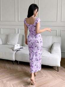 Vestido ajustado con estampado floral casual para mujeres, vestidos casuales para cumpleaños, ropa de mujer, vestidos de verano para el trabajo, vestido de graduación, vestidos elegantes para mujeres - Gris - Ver 3