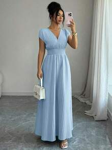 Vestido de mujer de longitud media, sin mangas, con cuello en V, de tela texturizada, cintura ceñida, elegante ropa de resort, primavera/verano - Celeste - Ver 6