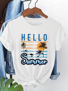 Women's T-Shirt, Palm Tree And Beach Print T-Shirt "Hello Summer", Casual Short Sleeve Round Neck T-Shirt For Summer Vacation For Women - 白色 - 查看 8
